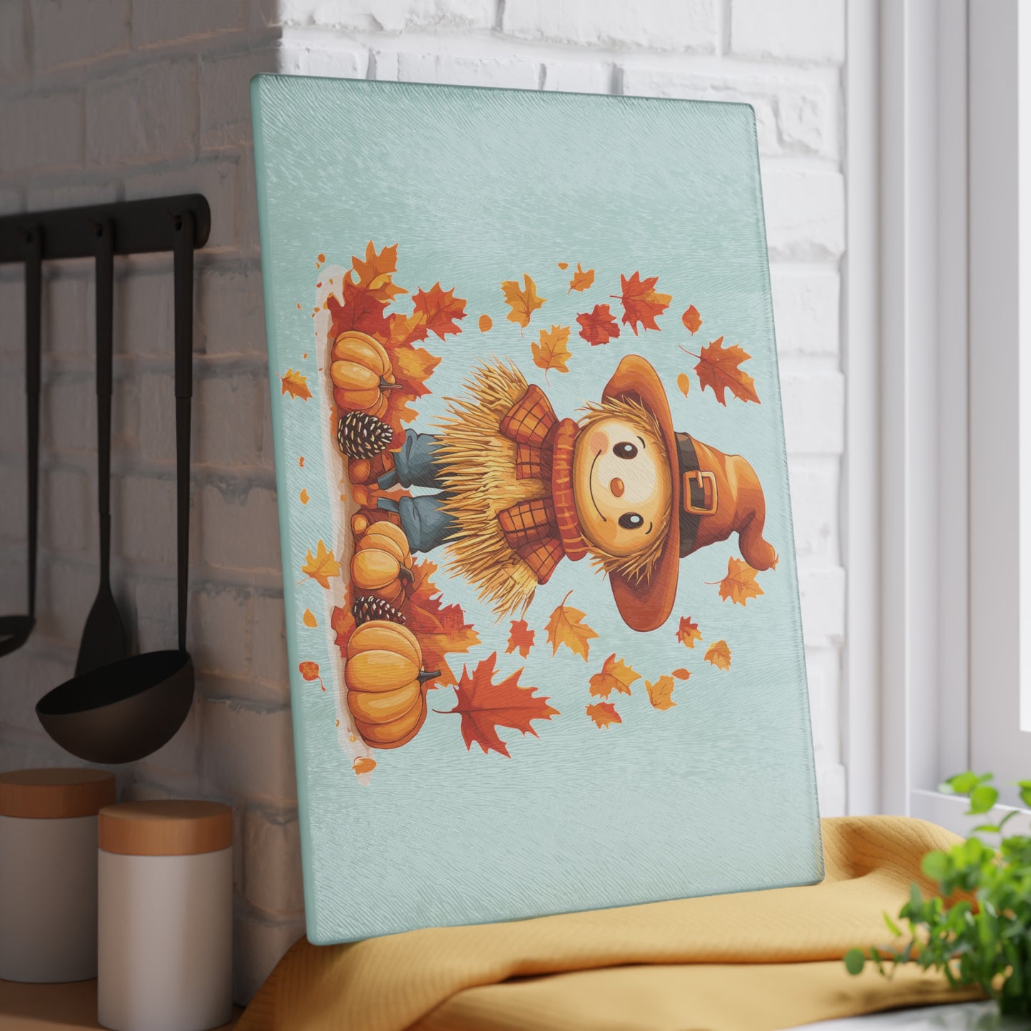 Autumn Scarecrow Glass Cutting Board, Fall Kitchen Decor, Thanksgiving Gift, Food Prep Surface, Harvest Homeware, Seasonal Cooking Tool