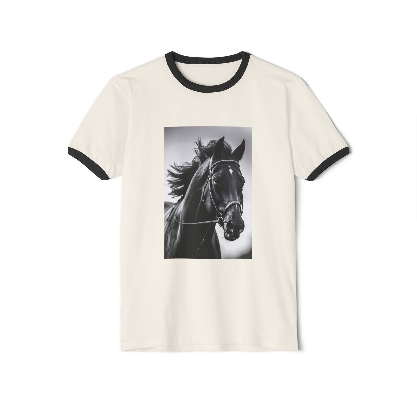 Horse Portrait Ringer T-Shirt — Black Stallion Graphic Tee for Equestrian Lovers