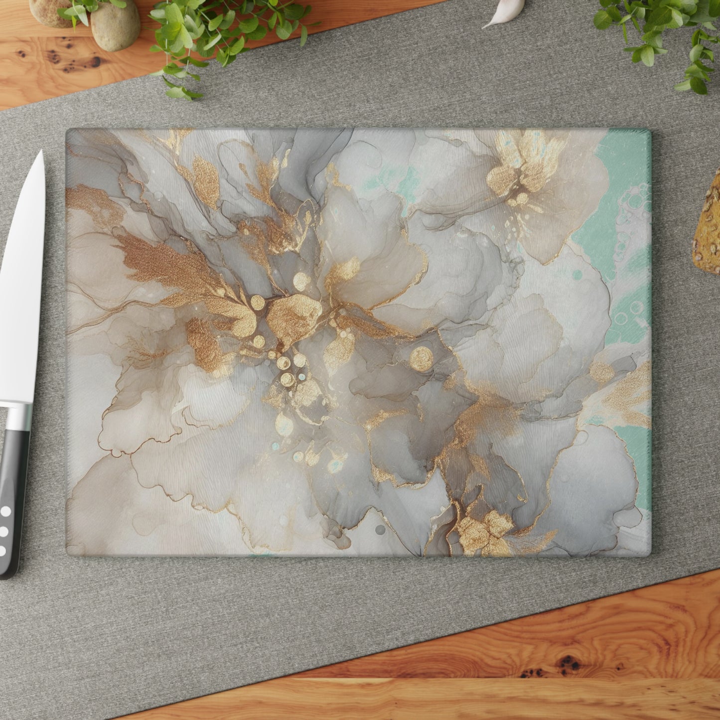Glass Cutting Board - Elegant Gold & Mint Abstract Floral Tempered Glass Chopping Board