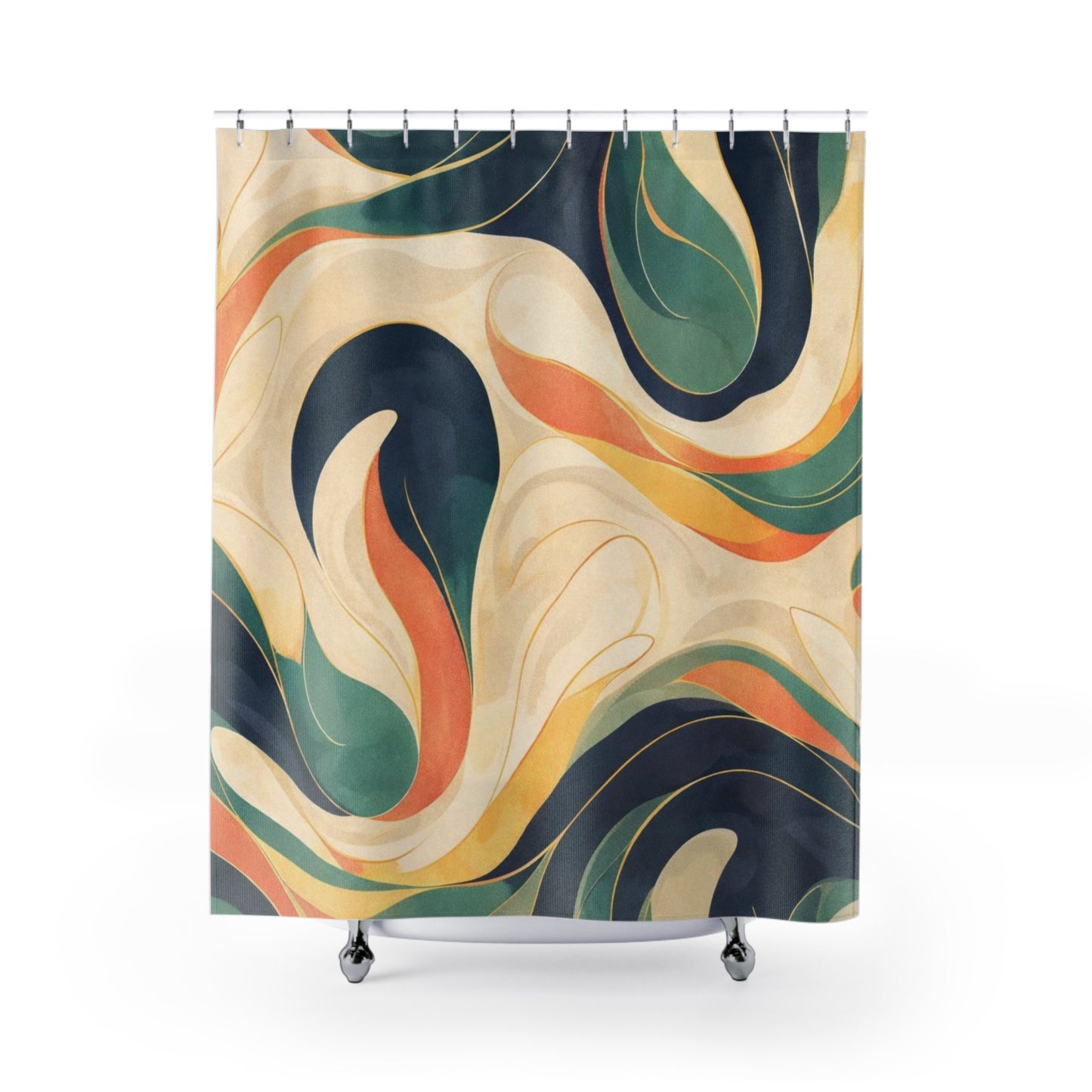 Shower Curtain — Retro Abstract Swirl Bathroom Curtain, Mid-Century Wave Pattern in Teal, Navy & Mustard