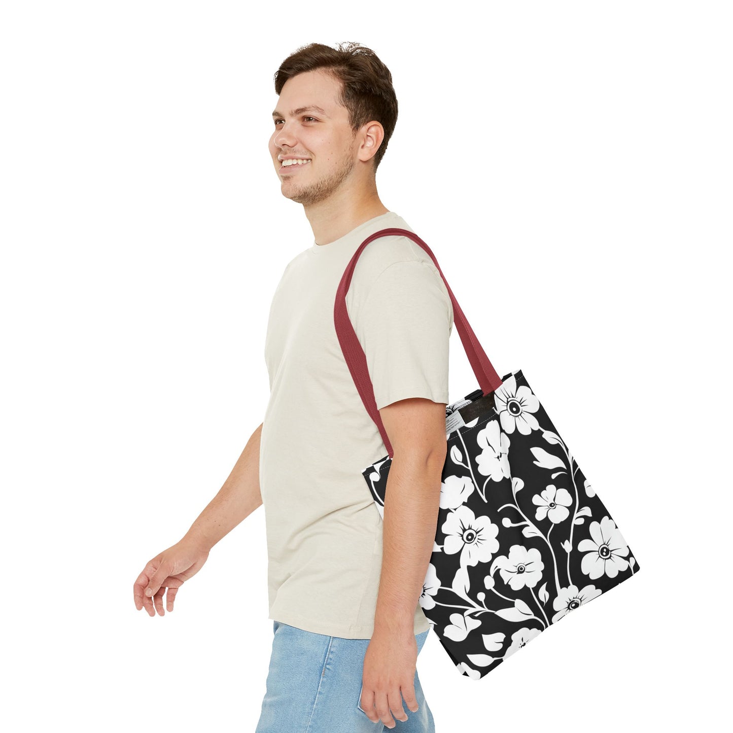 Elegant Floral Tote Bag, Black and White Tote, Eco-Friendly Shopping Bag