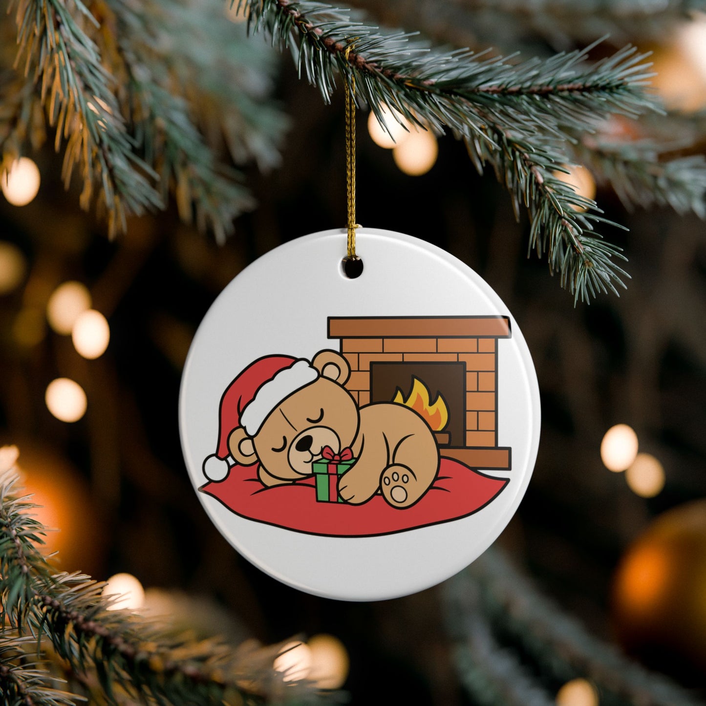 Sleeping Teddy Bear Christmas Ornament — Ceramic Holiday Tree Decoration (2-Sided)