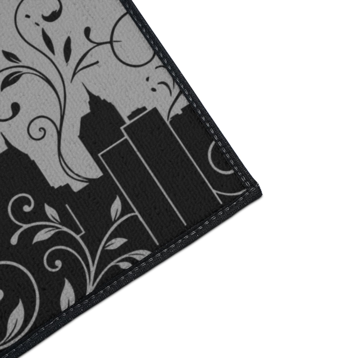 City Skyline Heavy-Duty Floor Mat — Black Urban Floral Door Rug