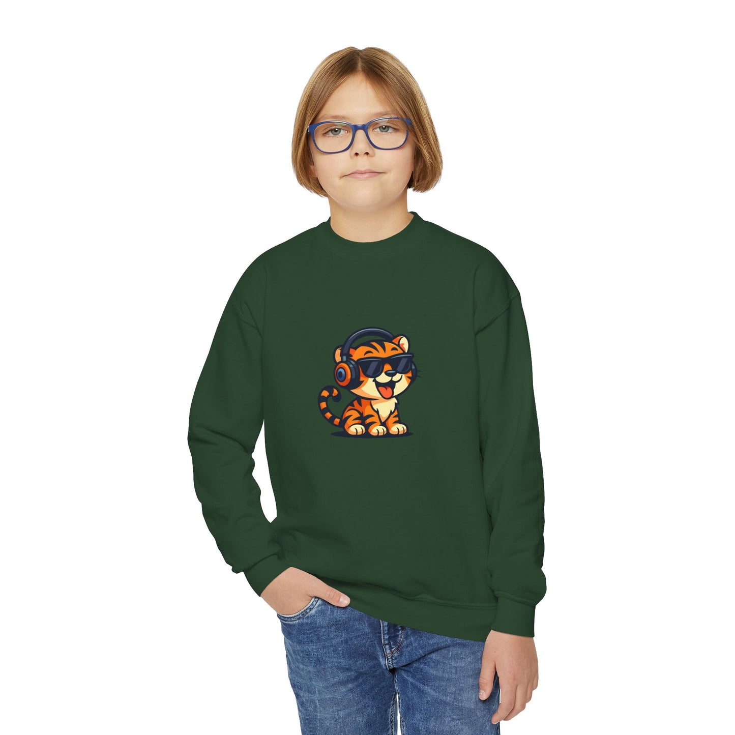 Cool Tiger Youth Crewneck Sweatshirt, Cute Animal Apparel, Teen Style, Gift for Kids, Casual Wear