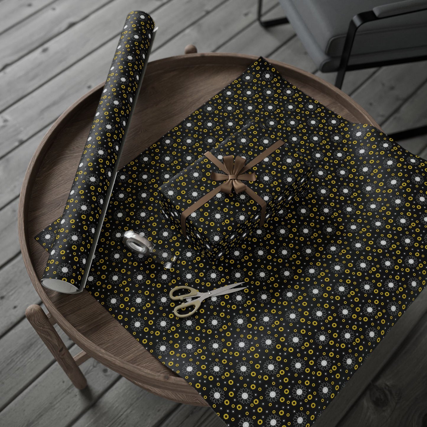 Sunflower Doodles Wrapping Paper Roll — Black & Yellow Floral Gift Wrap