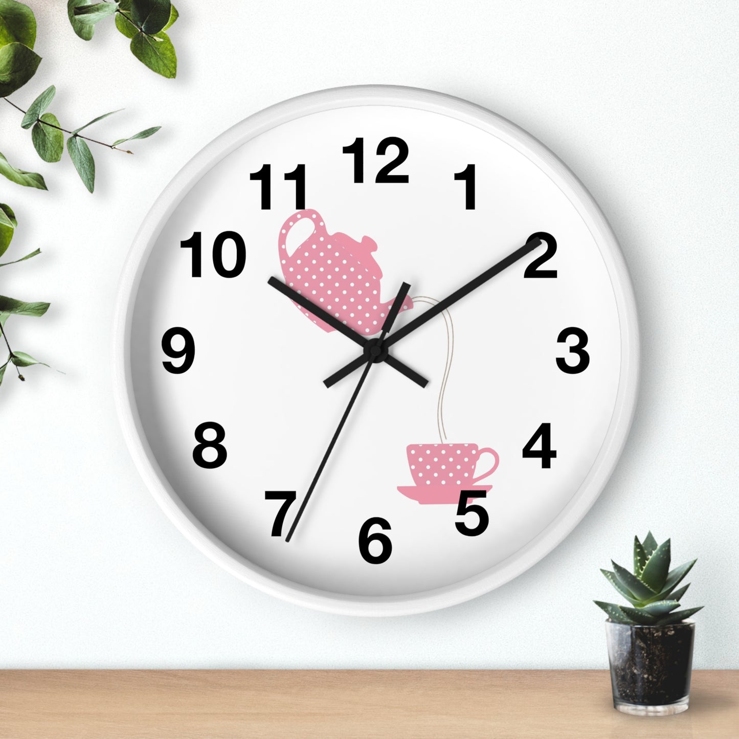 Charming Teapot Wall Clock, Home Decor, Kitchen Gift, Cute Coffee Time, Tea Lover's Gift, Pink Polka Dot Design