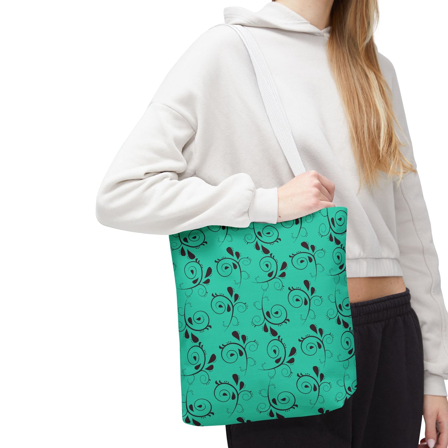 Turquoise Floral Swirl Tote Bag – All-Over Print Stylish Shopping Bag