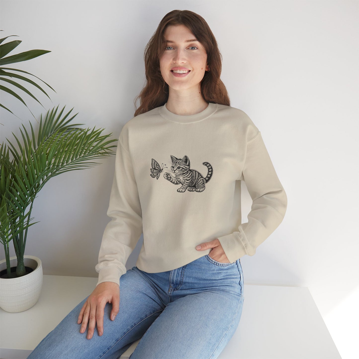 Kitten Butterfly Sweatshirt, Cozy Crewneck with Cat Art, Perfect Gift for Animal Lovers, Cute Sweatshirt for Relaxation & Everyday Wear