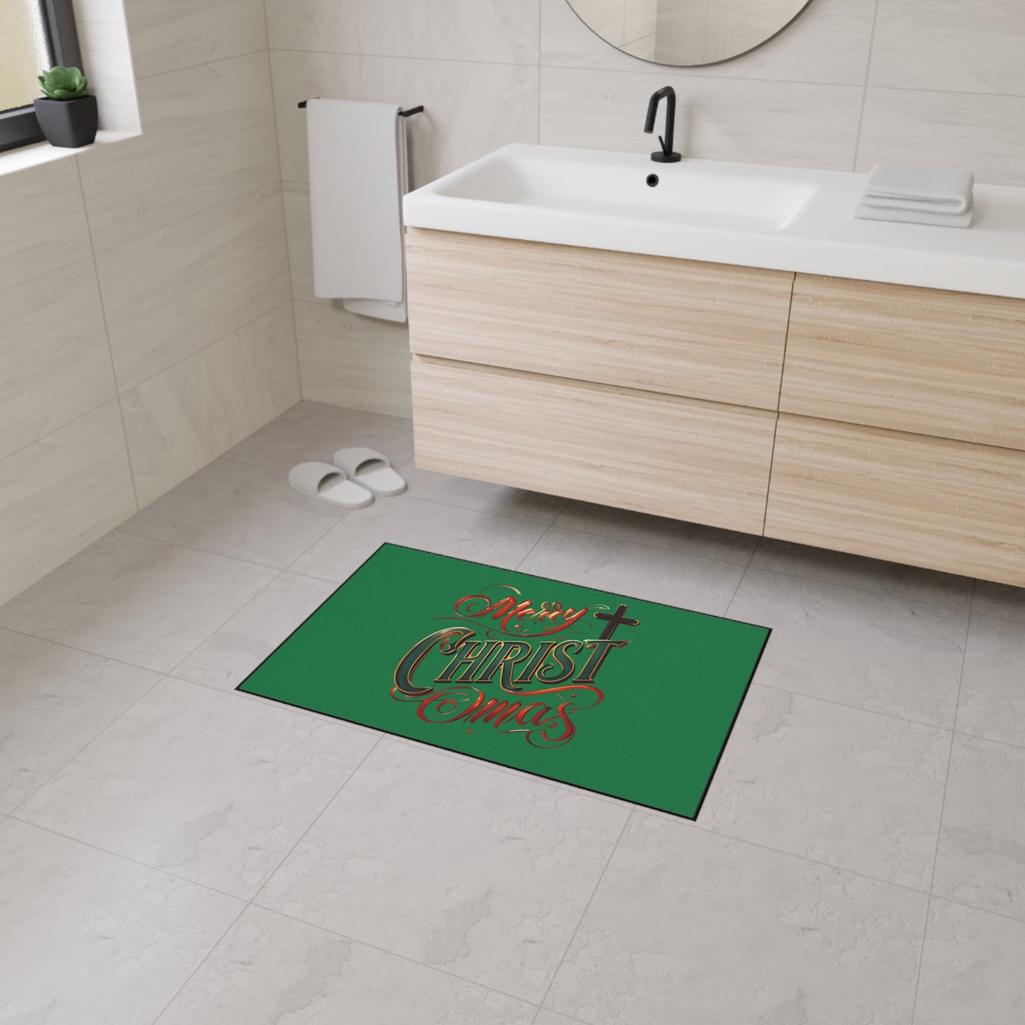Christmas Floor Mat - "Merry Christmas" Script with Cross, Heavy-Duty Holiday Doormat