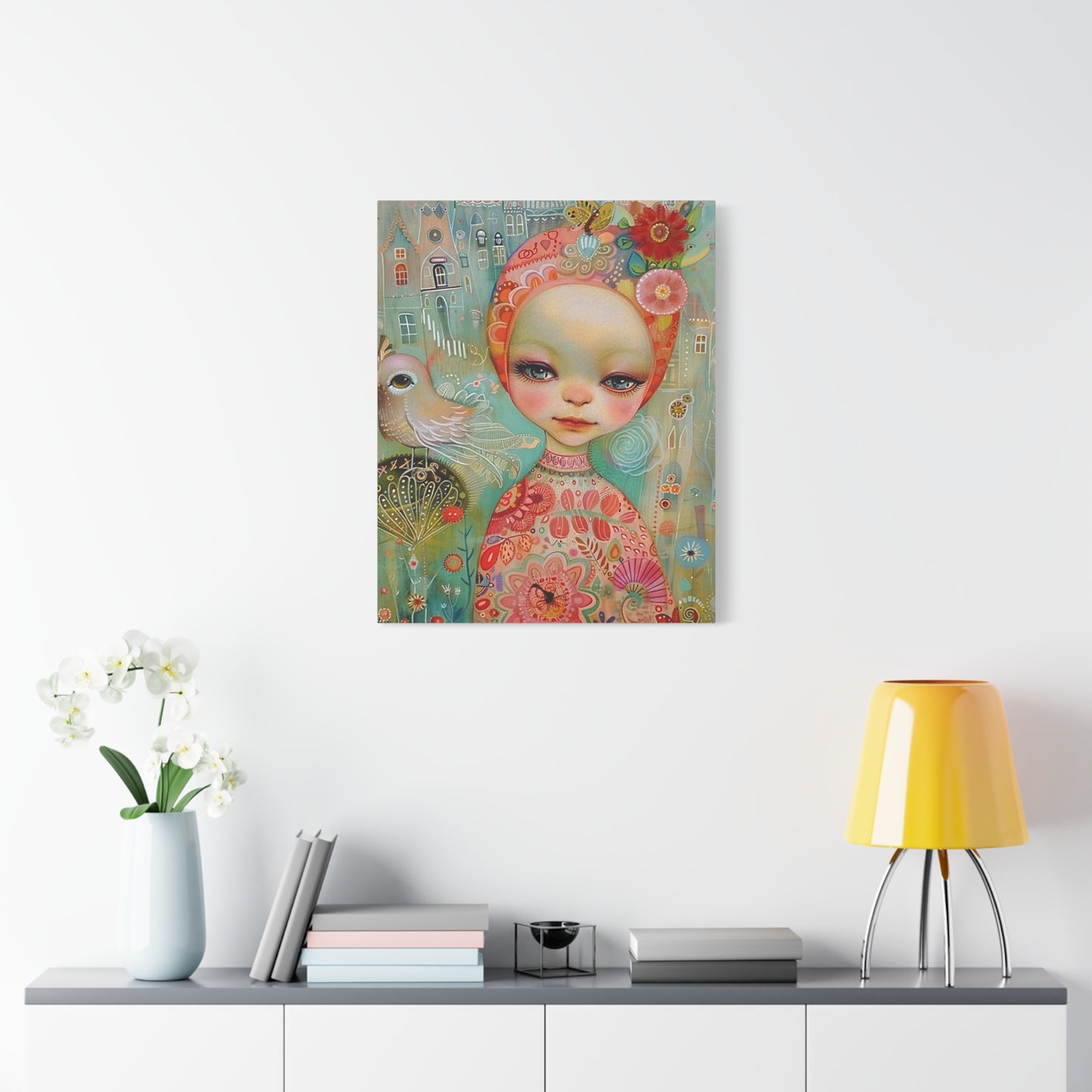 Whimsical Girl & Bird Matte Canvas Wall Art — Stretched Decorative Painting