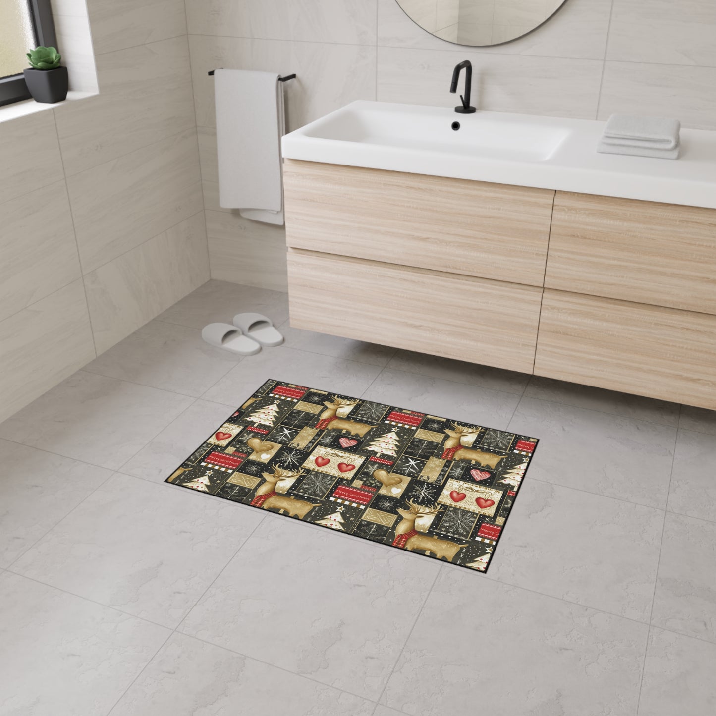 Christmas Reindeer Patchwork Floor Mat — Heavy Duty Holiday Entry Rug