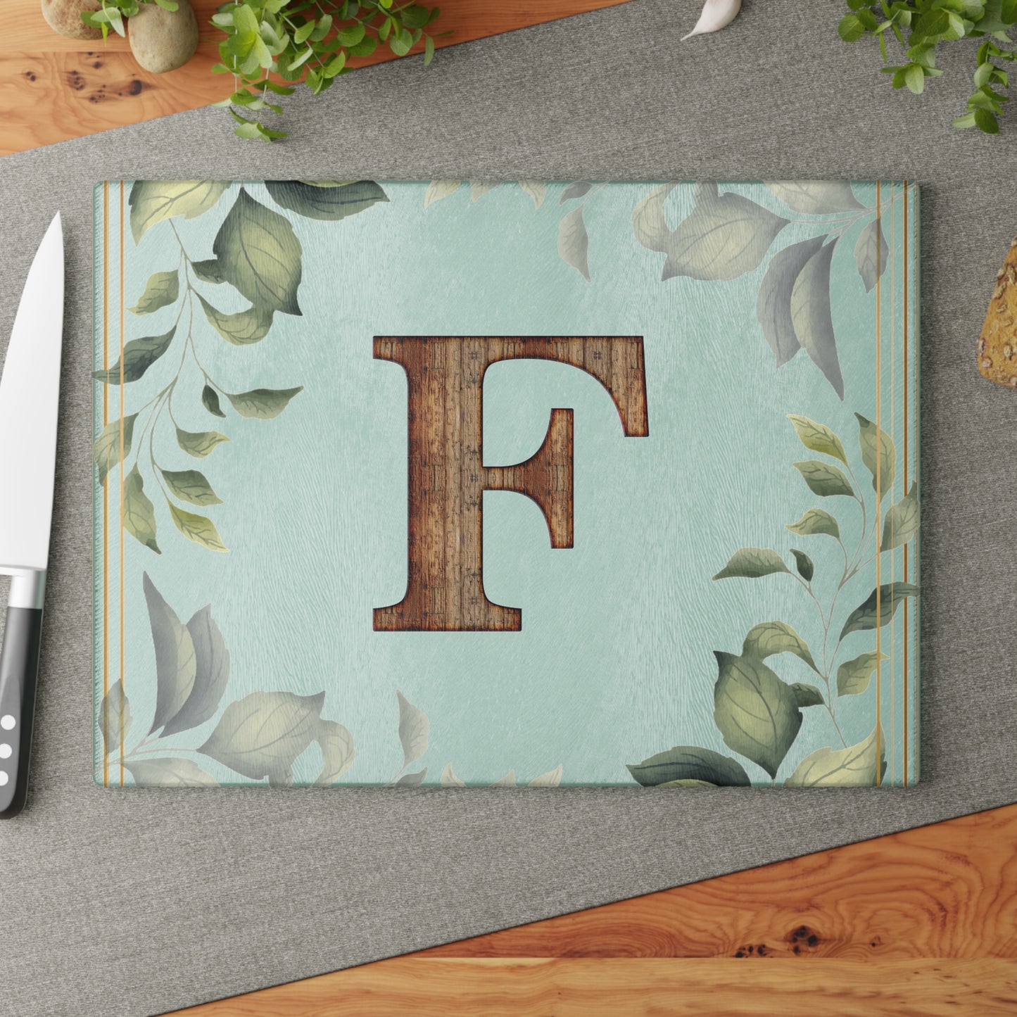 Monogram Glass Cutting Board – Rustic Wood 'F' with Greenery Border