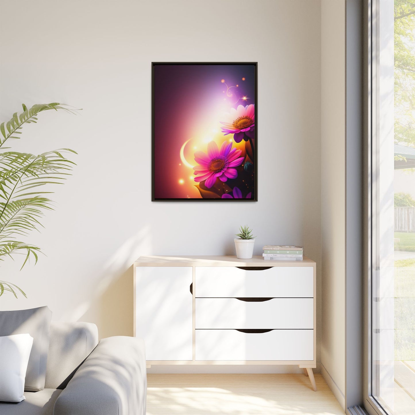 Framed Floral Canvas Art — Pink Daisies Sunset Wall Print