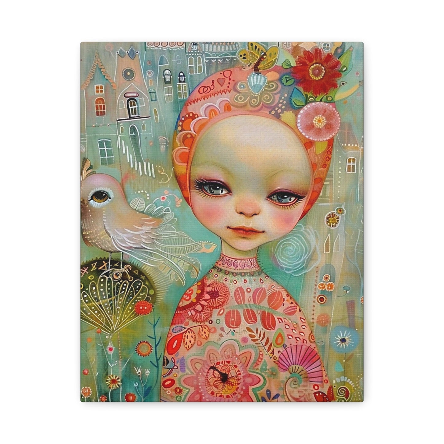 Whimsical Girl & Bird Matte Canvas Wall Art — Stretched Decorative Painting