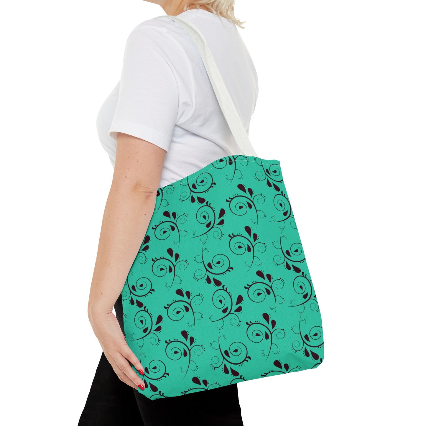 Turquoise Floral Swirl Tote Bag – All-Over Print Stylish Shopping Bag