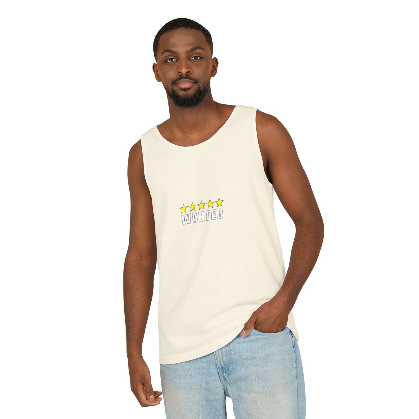 5-Star "WANTED" Garment-Dyed Tank Top, Unisex Summer Shirt, Gift for Him/Her, Trendy Casual Wear, Pool Party Outfit, Unique Graphic Tee