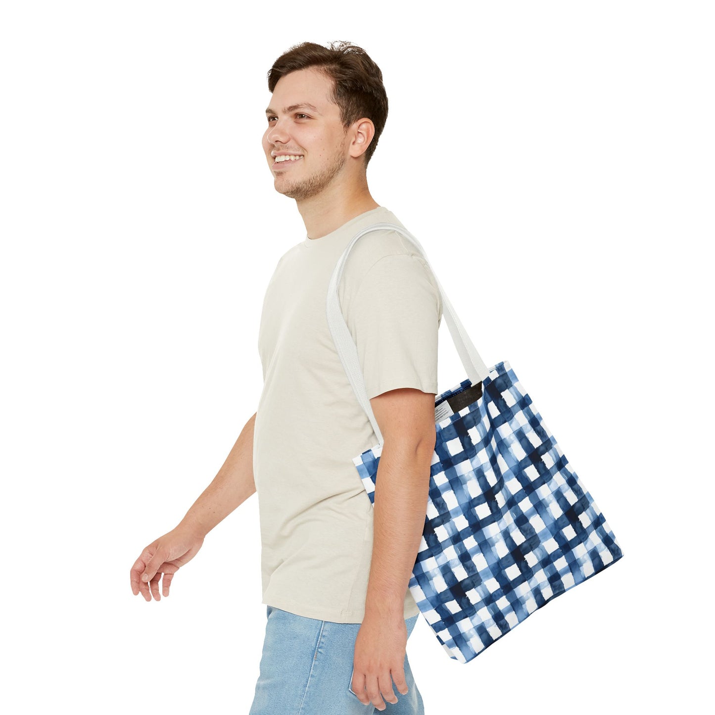 Blue Watercolor Plaid Tote Bag — Navy Check Pattern All-Over Print