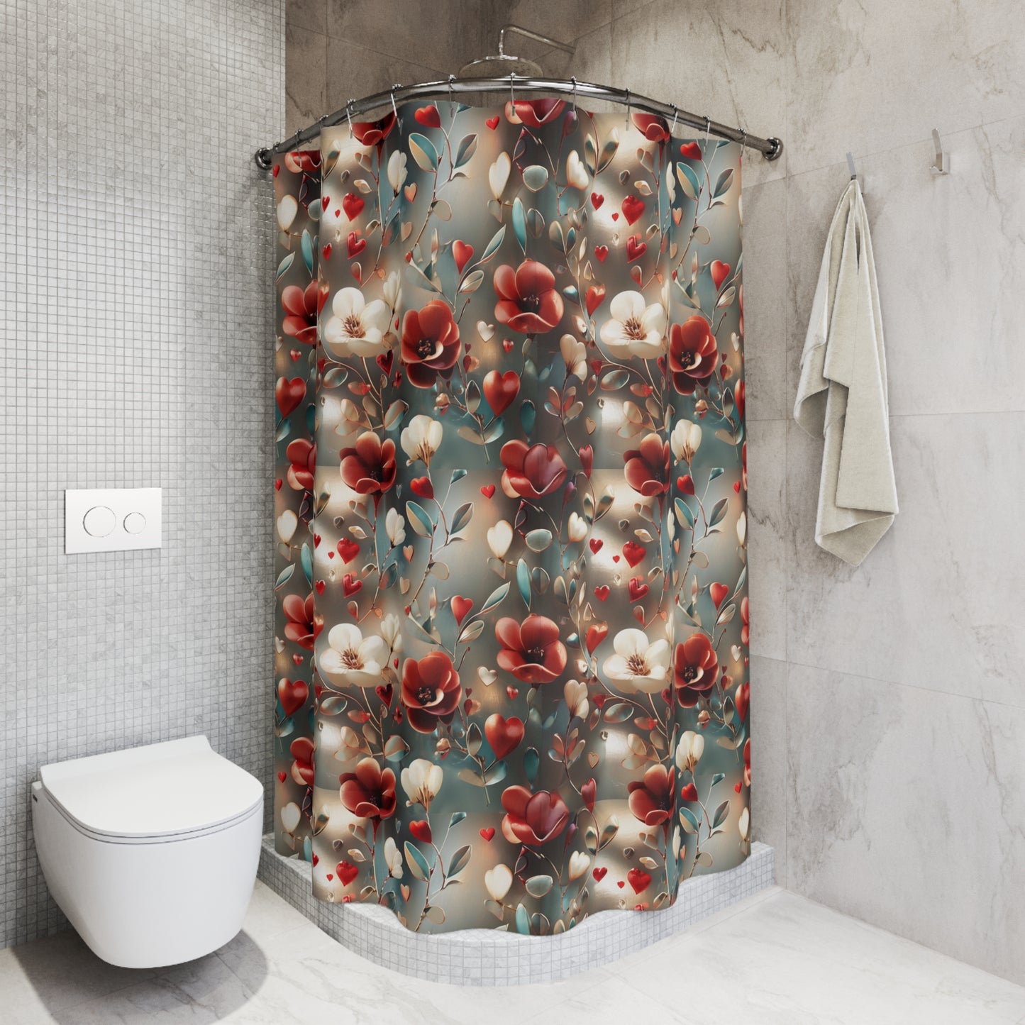 Floral Hearts Shower Curtain — Romantic Red & Cream Blossom Bathroom Decor