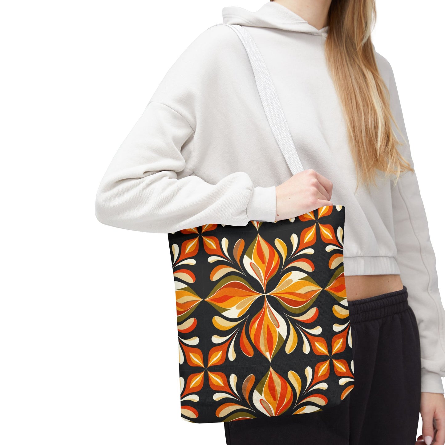 Retro Floral Tote Bag — Orange & Black Boho Pattern