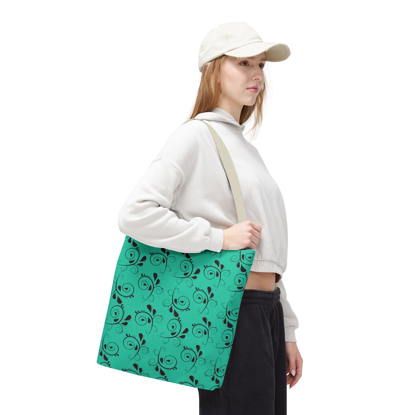 Turquoise Floral Swirl Tote Bag – All-Over Print Stylish Shopping Bag