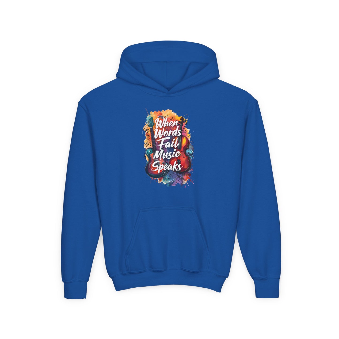 Youth Hoodie — "When Words Fail Music Speaks" Colorful Watercolor Design