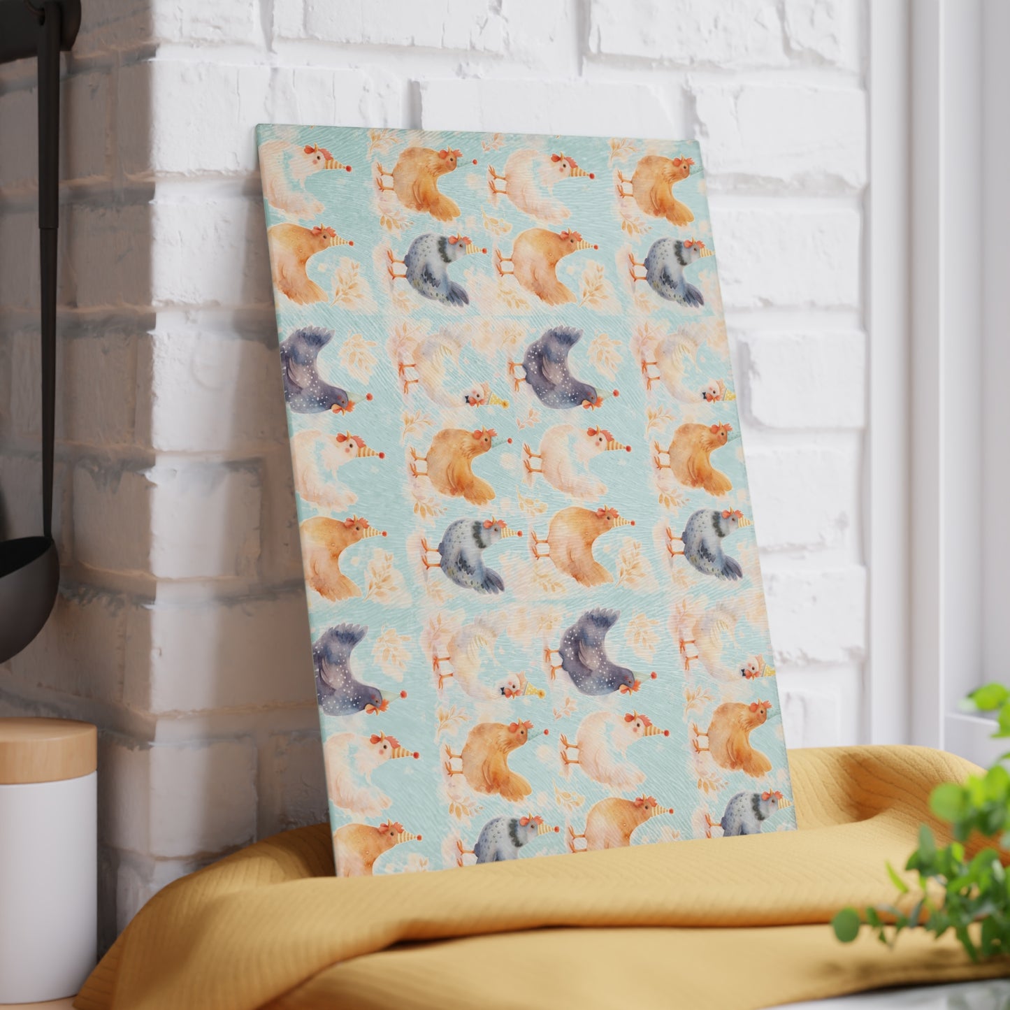 Chicken Pattern Glass Cutting Board — Watercolor Farmhouse Kitchen Decor