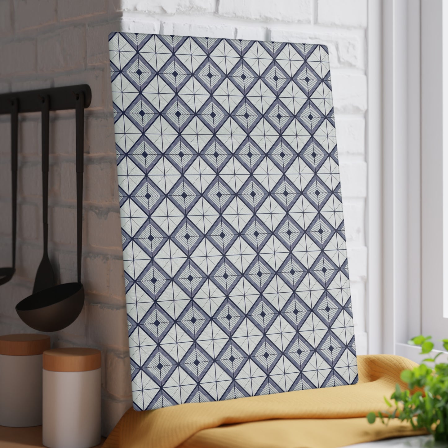 Geometric Slate Glass Cutting Board — Navy Diamond Tile Pattern