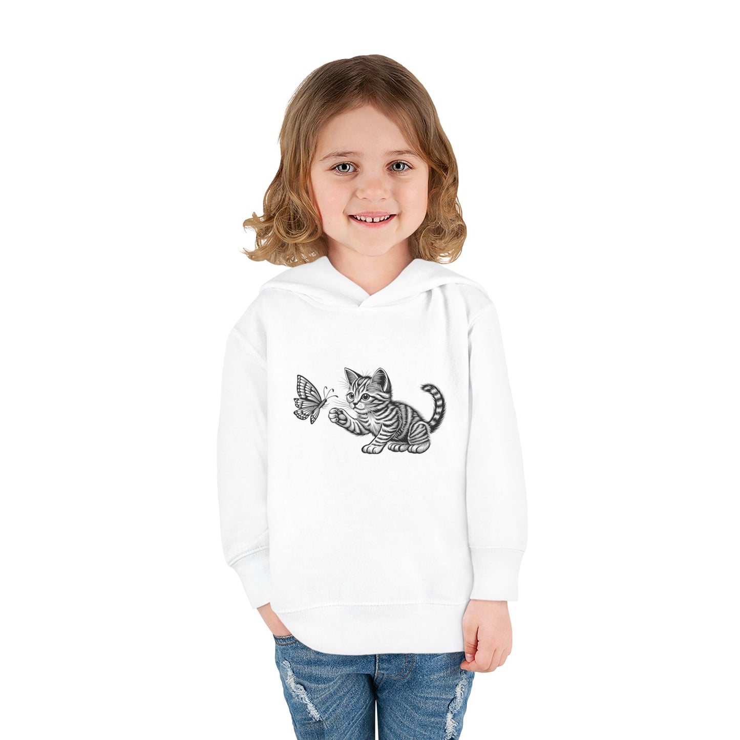 Cute Cat and Butterfly Toddler Hoodie, Toddler Pullover, Kids Fleece Hoodie, Animal Lover Gift, Playtime Pullover