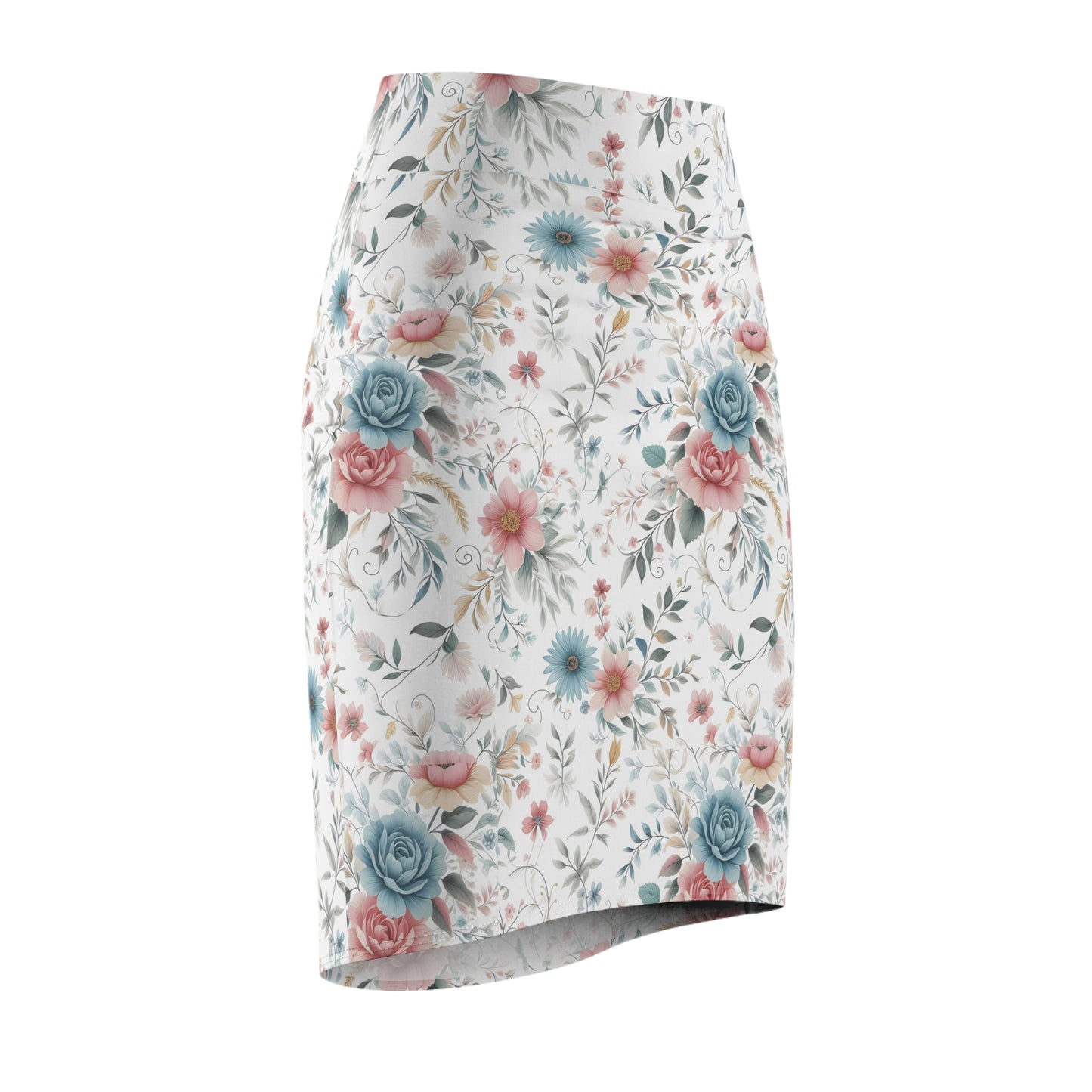 Floral Vintage Pencil Skirt — Pastel Rose & Blue Garden Print