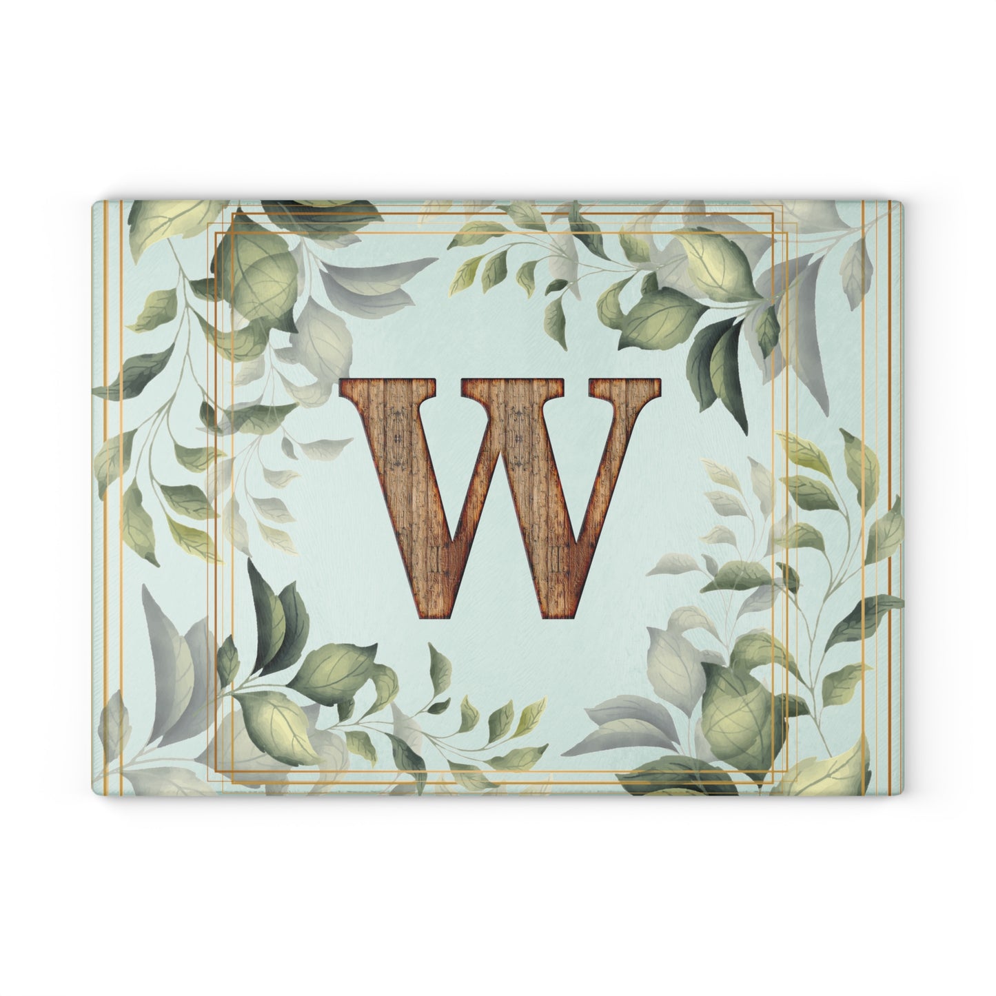Monogram Glass Cutting Board — Rustic Wood 'W' with Greenery Border