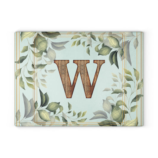 Monogram Glass Cutting Board — Rustic Wood 'W' with Greenery Border