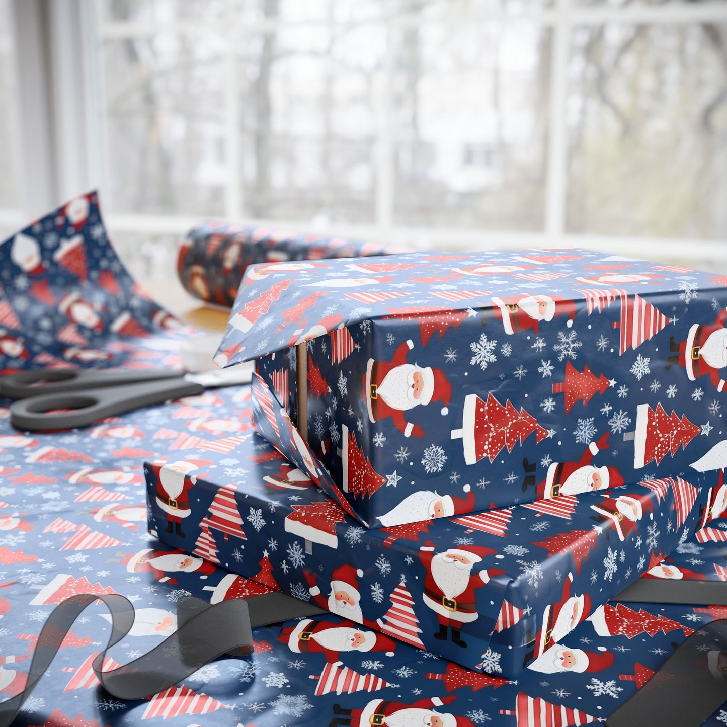 Christmas Santa Wrapping Paper Roll — Blue Festive Holiday Gift Wrap with Santa, Snowflakes & Stockings
