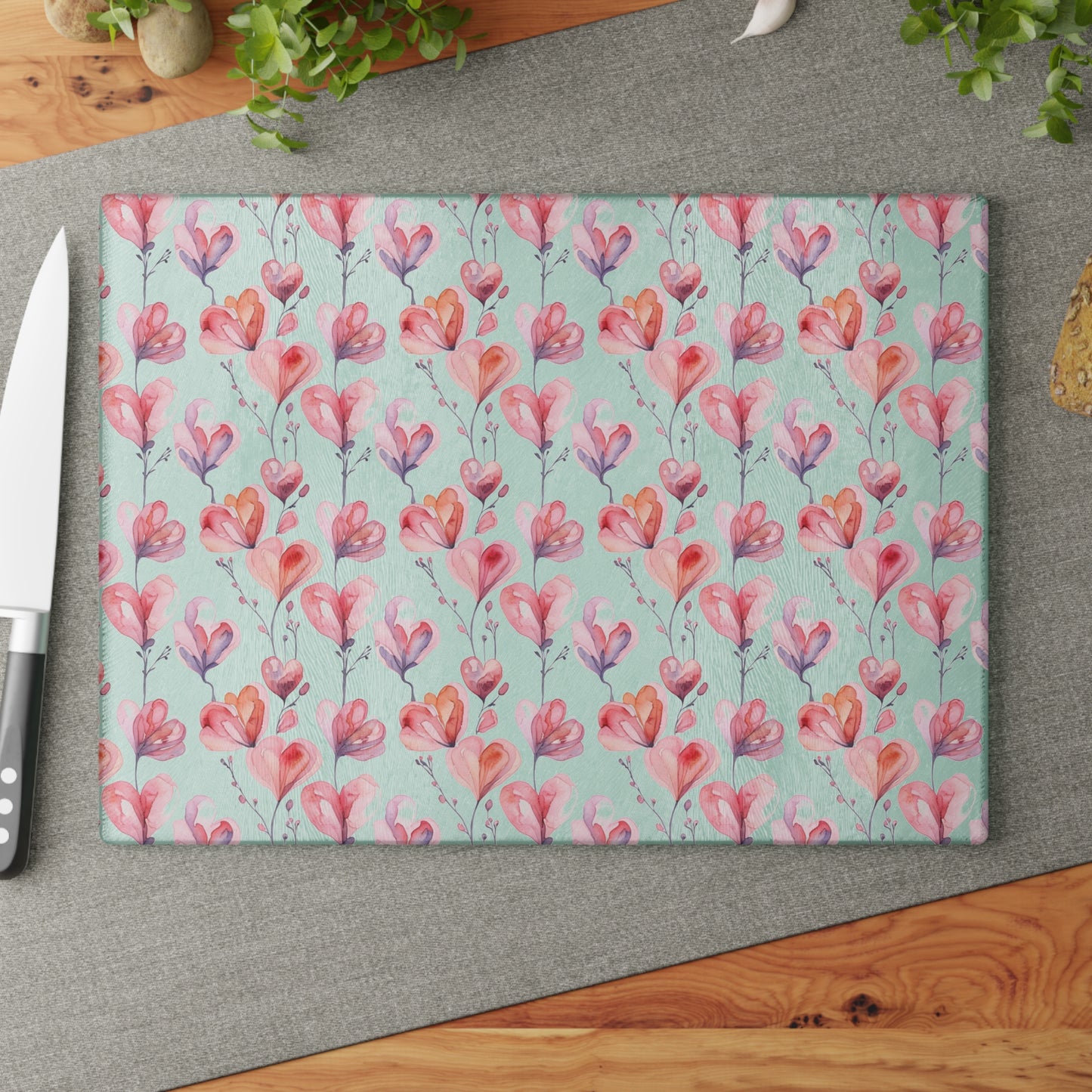 Floral Watercolor Glass Cutting Board — Pink Tulip Pattern
