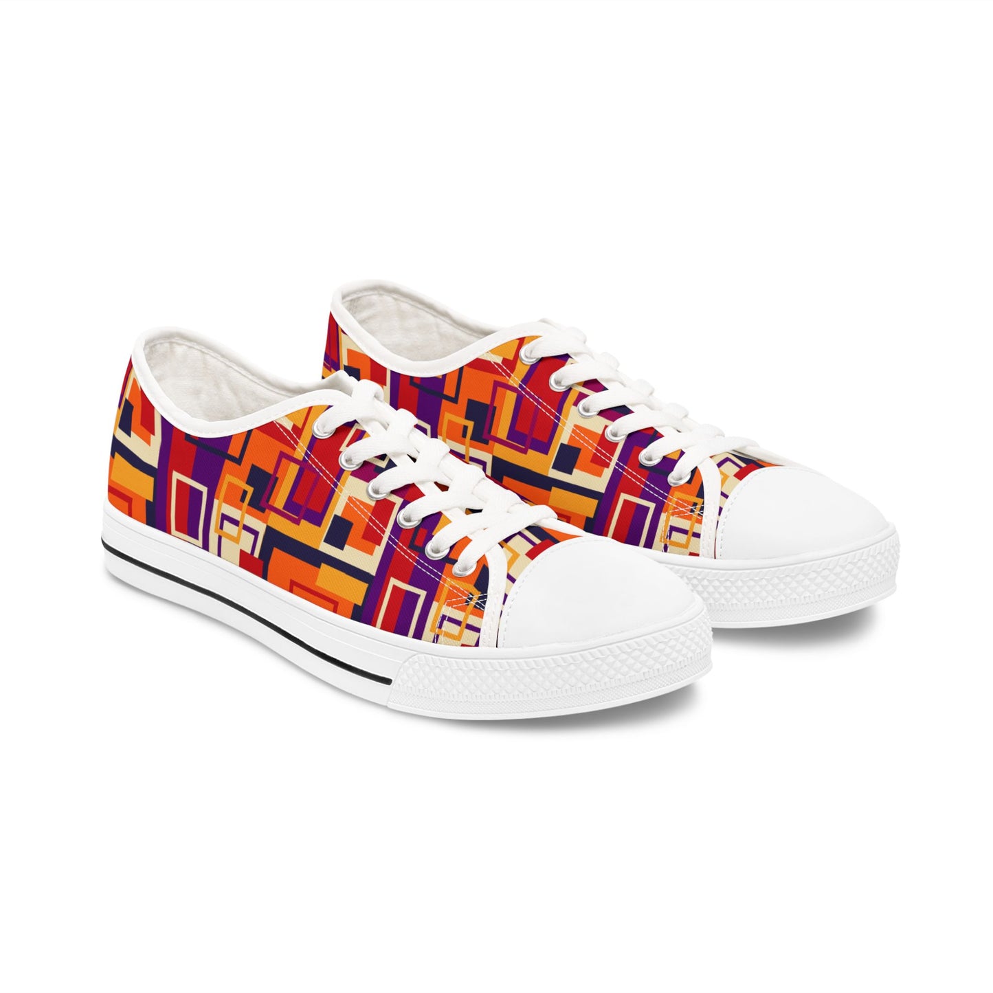 Retro Geometric Women's Low Top Sneakers — Bold Orange & Purple Patchwork Canvas