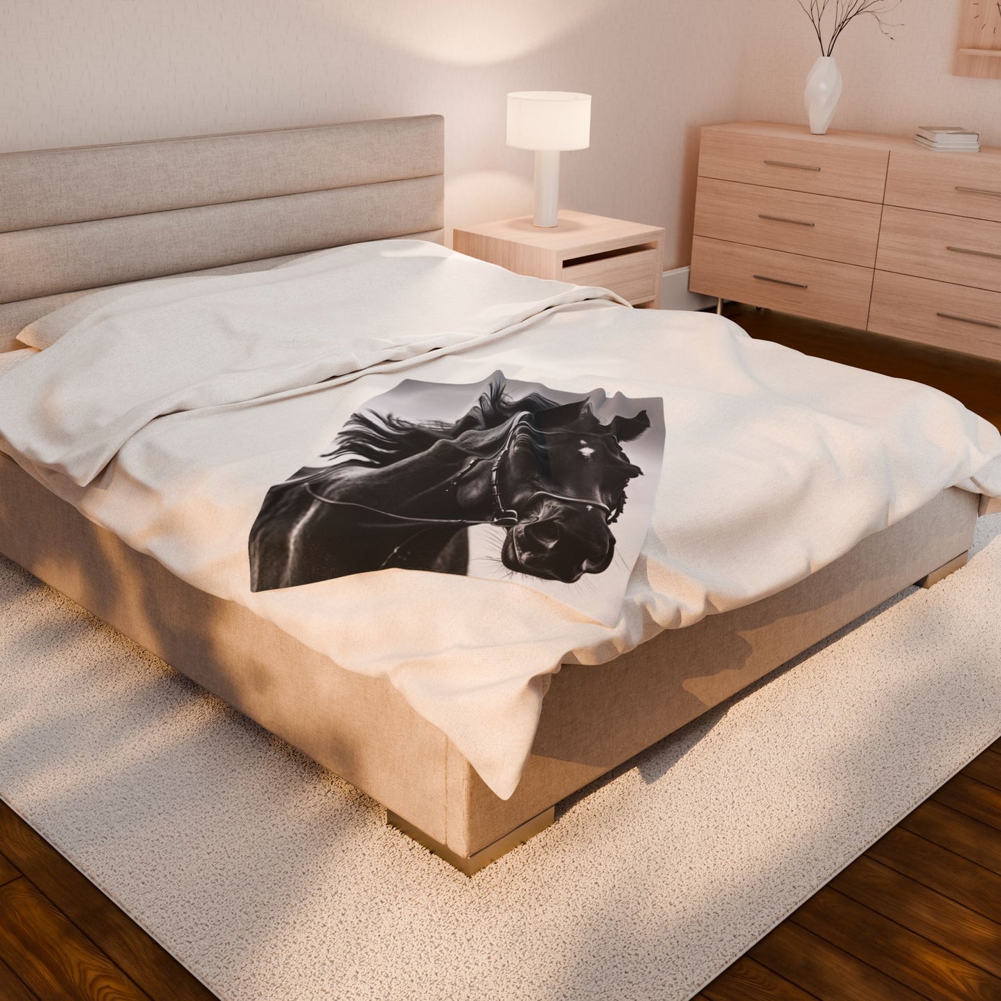 Black Stallion Velveteen Plush Blanket – Photoreal Horse Throw for Equestrian Fans