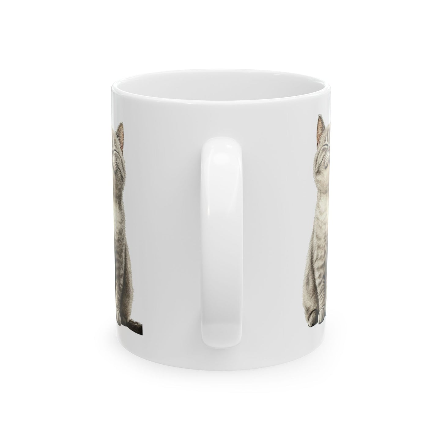 Smiling Grey Tabby Cat Ceramic Mug — Cute Cat Lover Coffee Cup (11oz & 15oz)