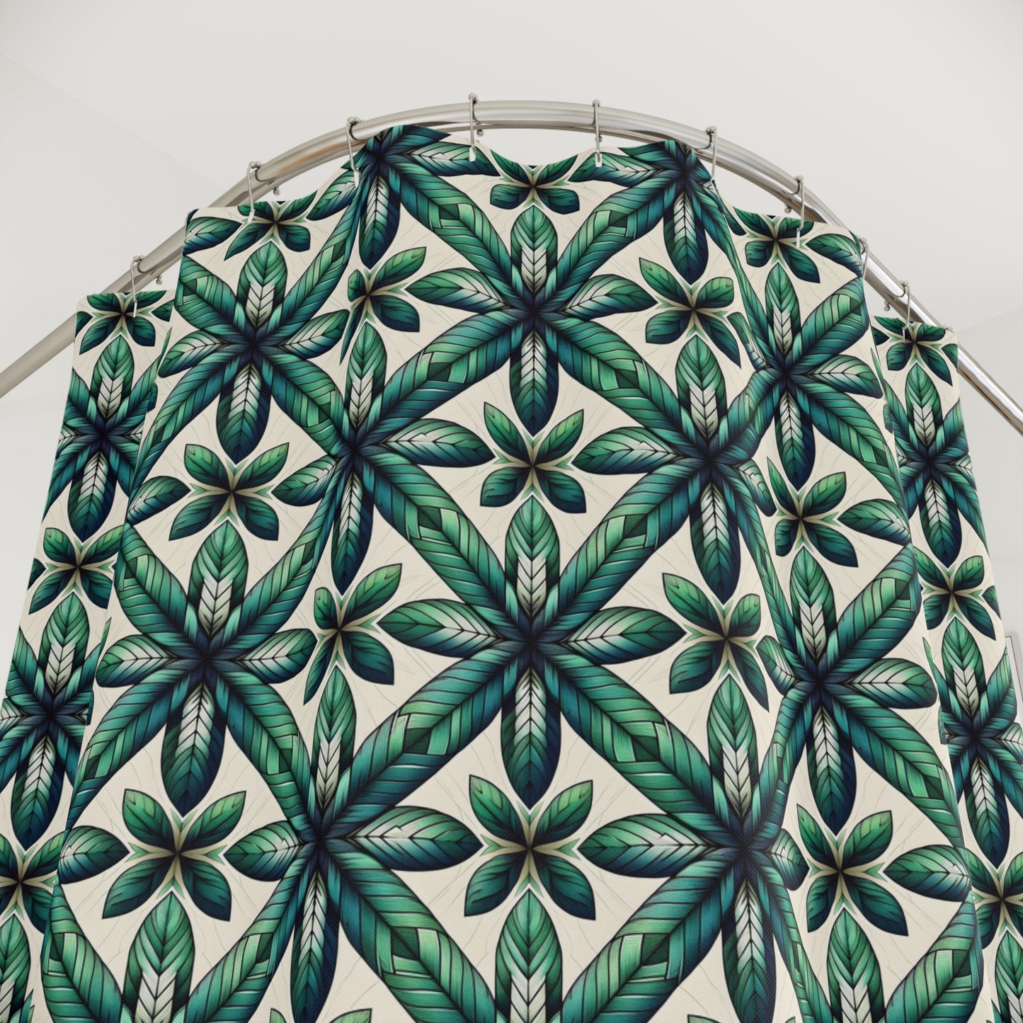 Green Tile Pattern Shower Curtain — Botanical Geometric Bath Decor