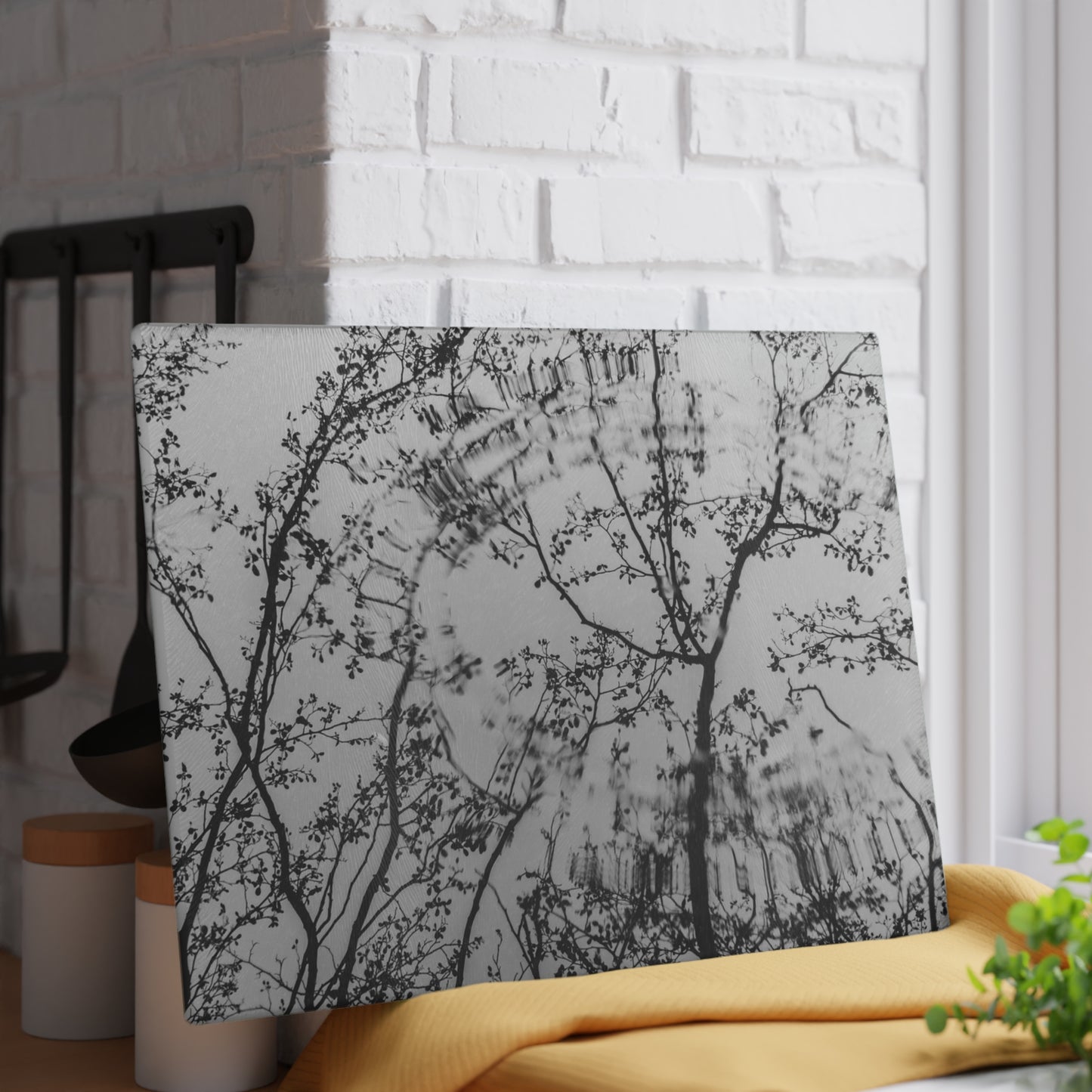 Glass Cutting Board — Monochrome Ferris Wheel & Tree Silhouette Decorative Cutting Board