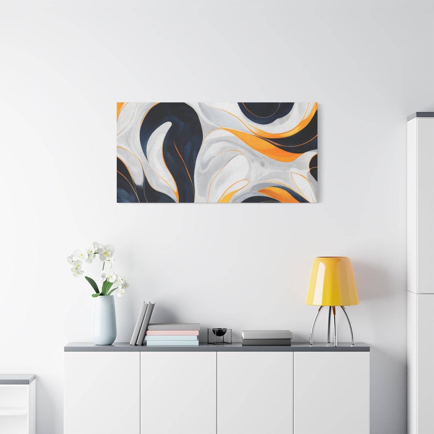 Abstract Fluid Art Matte Canvas Print — Navy, Gold & White Stretched Wall Art