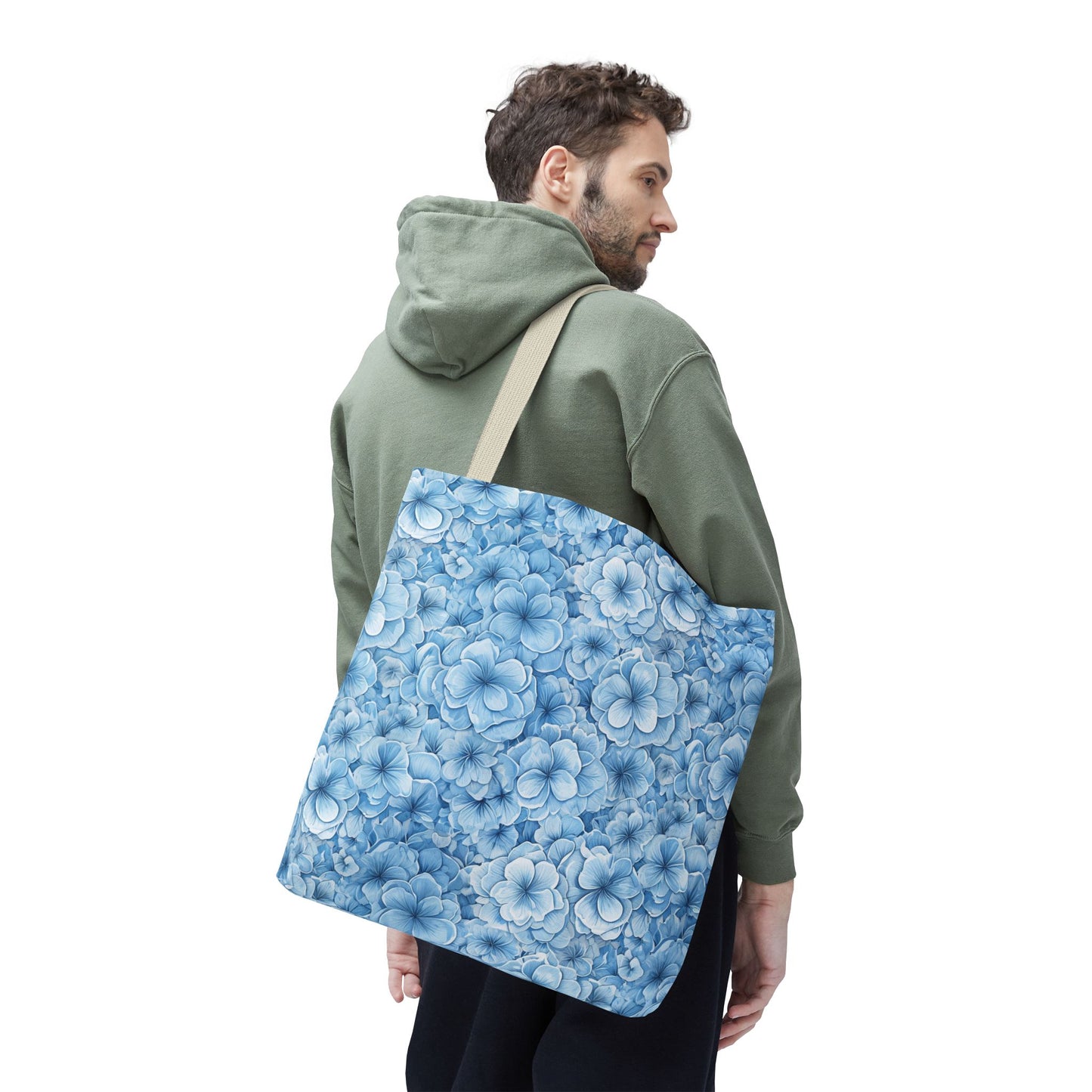 Blue Watercolor Floral Tote Bag — Reusable Flower Pattern Shopper
