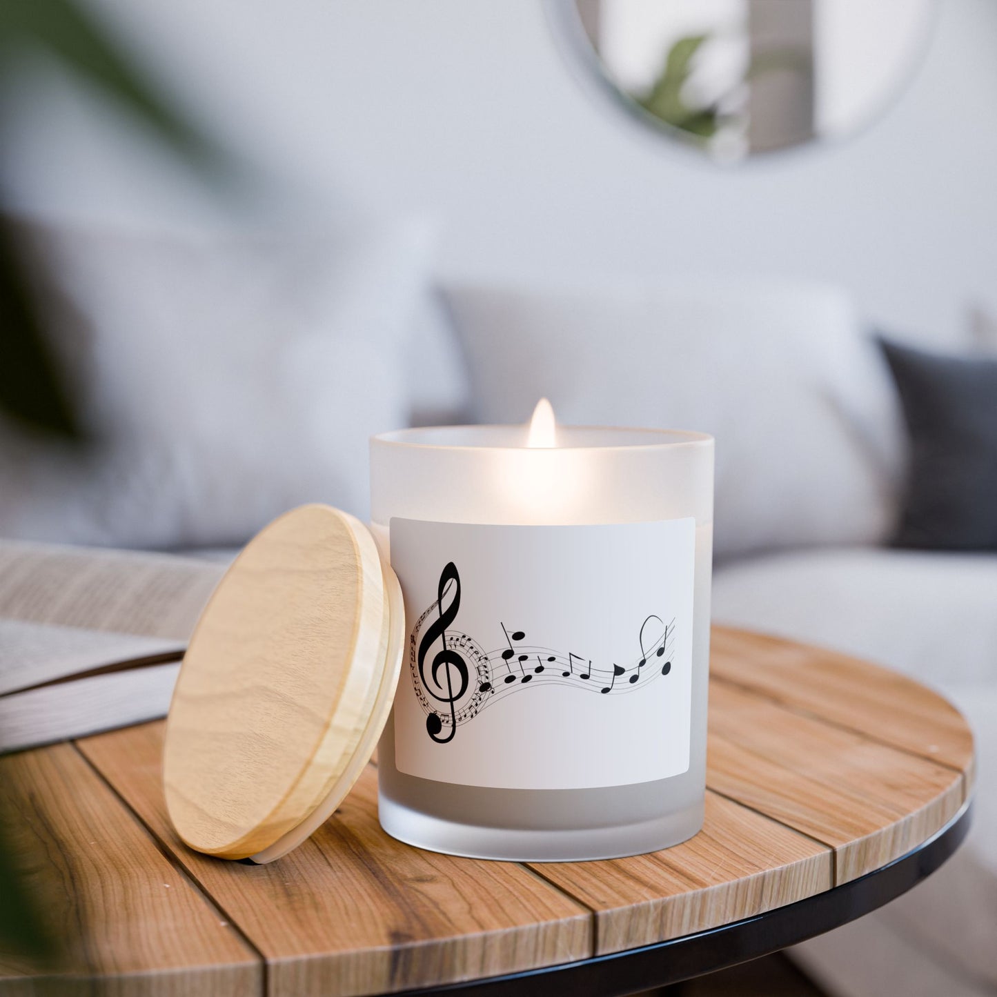 Musical Notes Frosted Glass Candle - 11oz Aromatherapy Gift with Wooden Lid