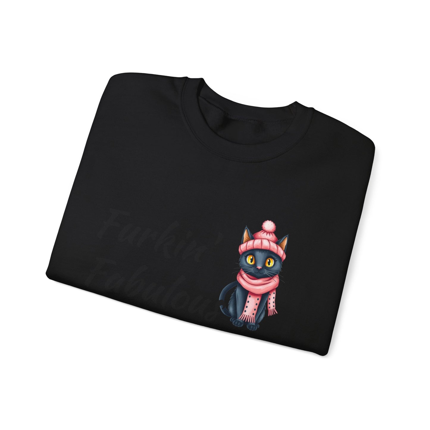 Crewneck Sweatshirt — "Furkin' Fabulous" Cute Black Cat in Pink Hat & Scarf