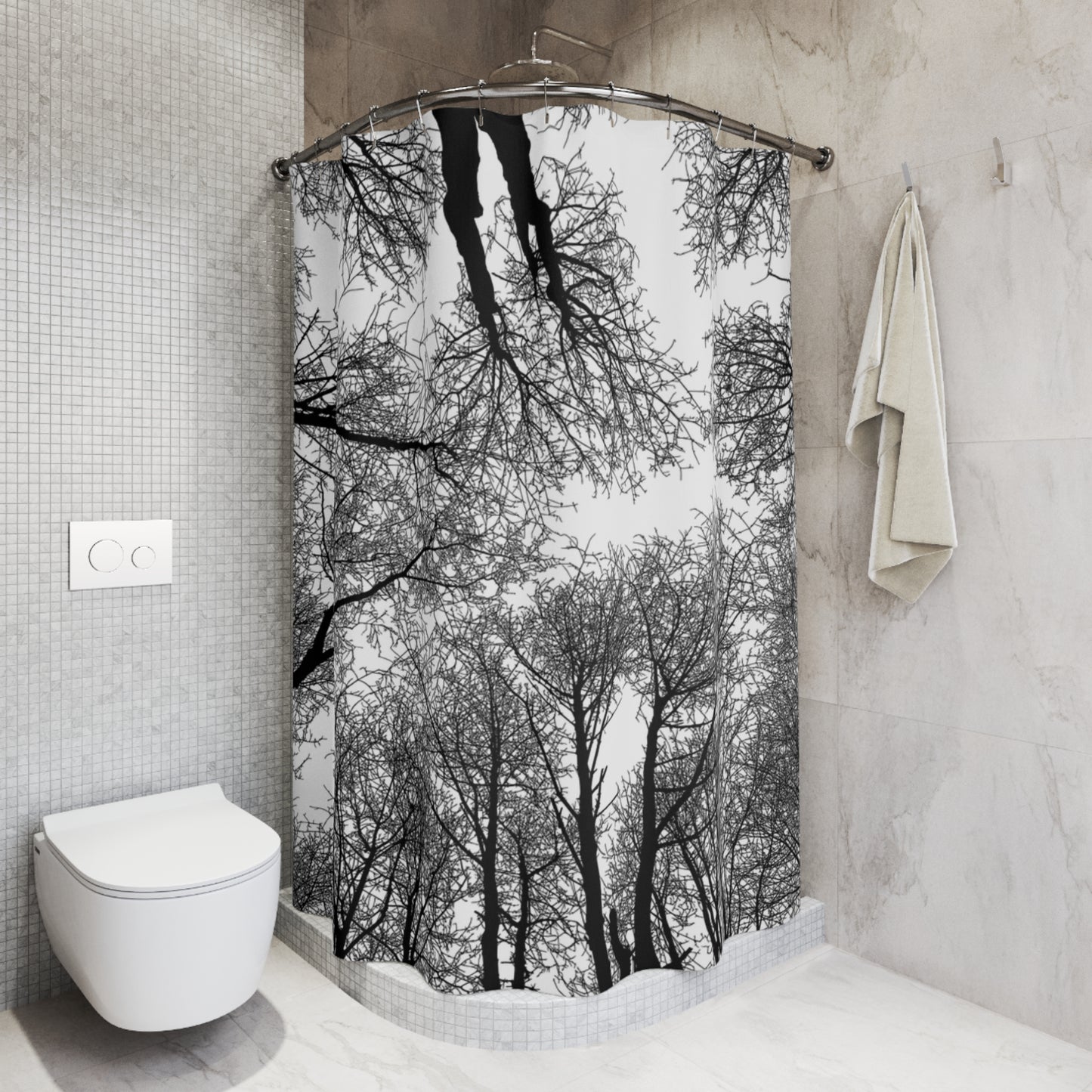 Monochrome Bare Trees Shower Curtain — Black & White Forest Canopy Bathroom Decor