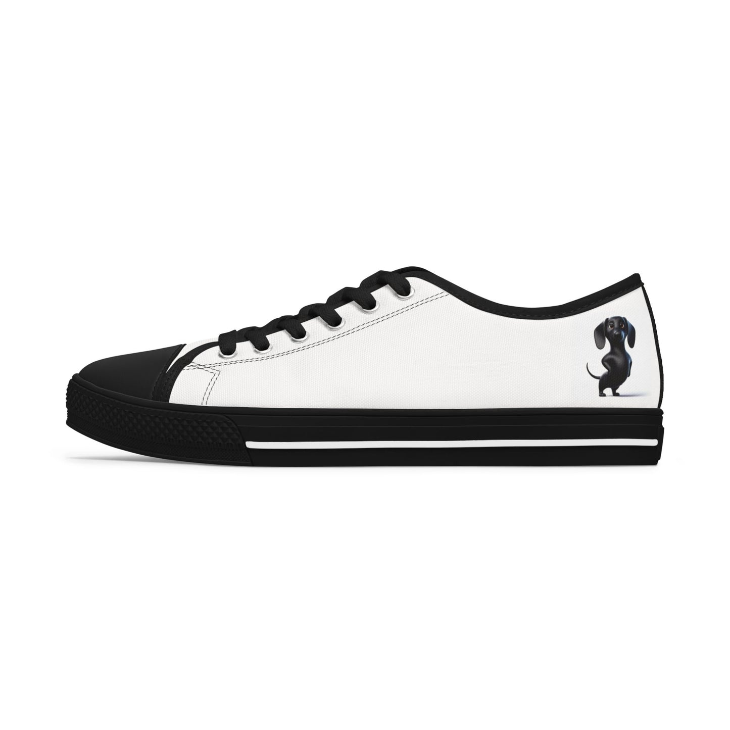 Low Top Sneakers — White Casual Women's Canvas Shoes with Small Black Cat Silhouette