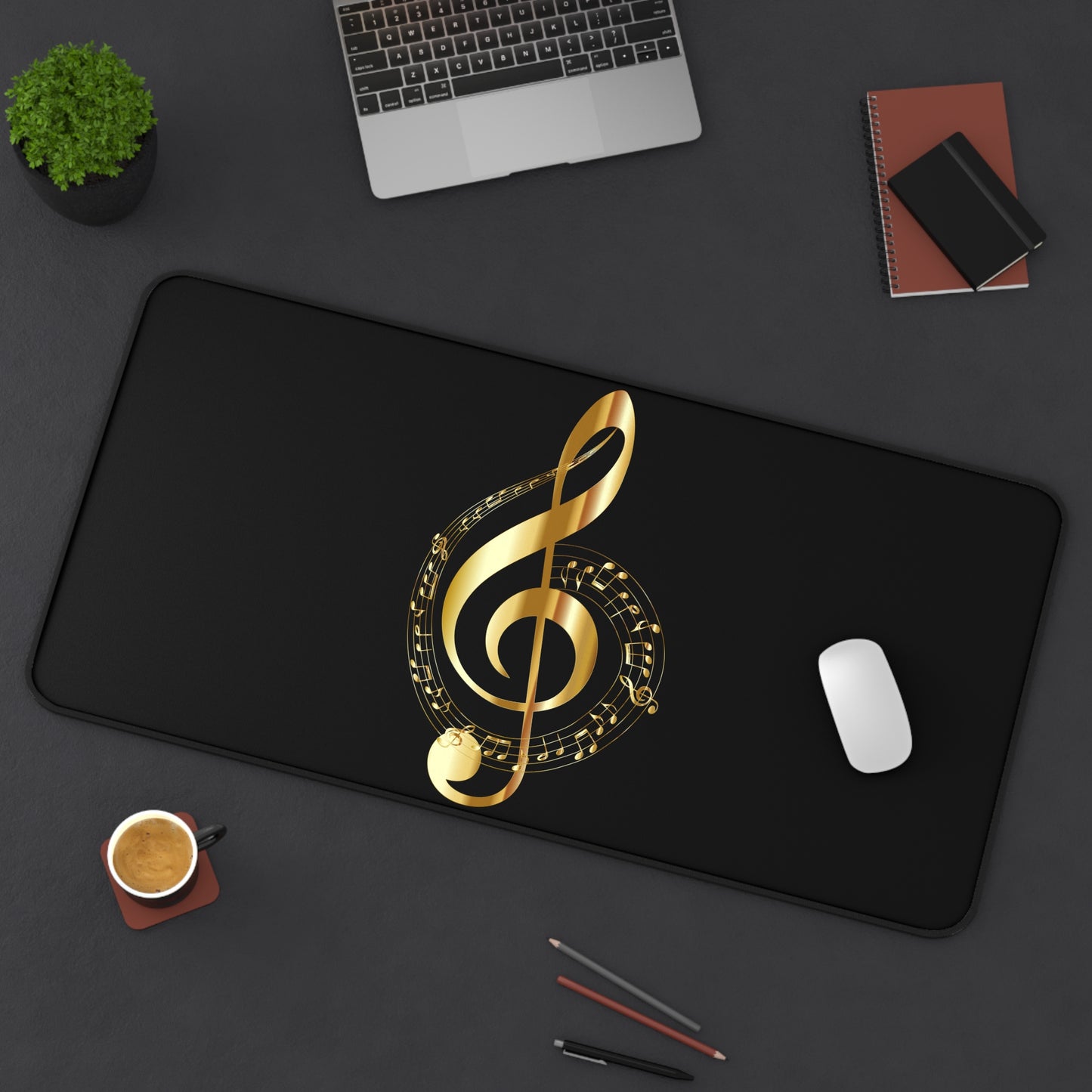 Gold Treble Clef Desk Mat — Elegant Musician Mouse Pad