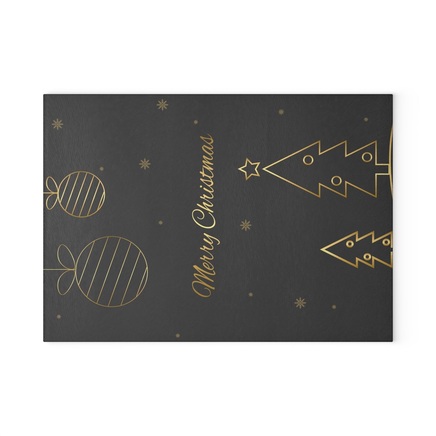 Christmas Glass Cutting Board – Elegant Gold Tree & Ornaments “Merry Christmas”