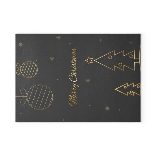 Christmas Glass Cutting Board – Elegant Gold Tree & Ornaments “Merry Christmas”