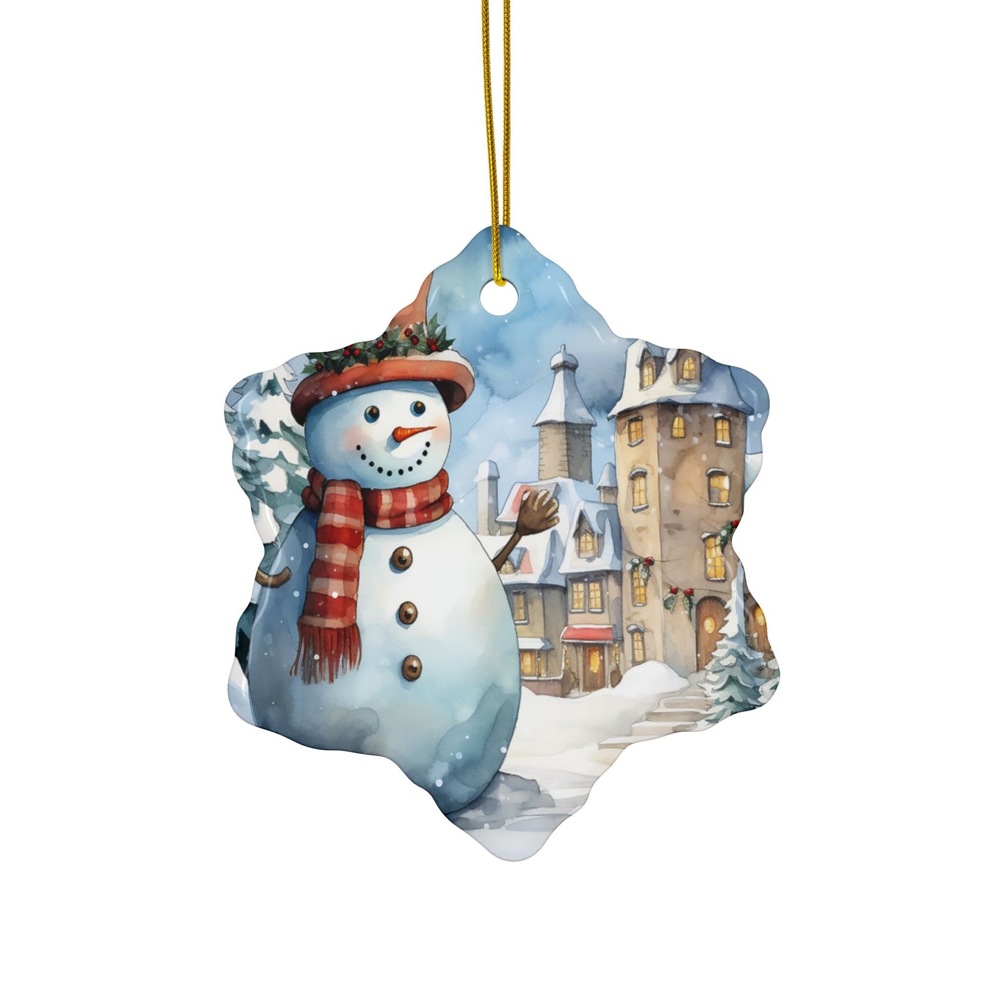 Snowman Village Ceramic Ornament — Double-Sided Christmas Tree Decoration