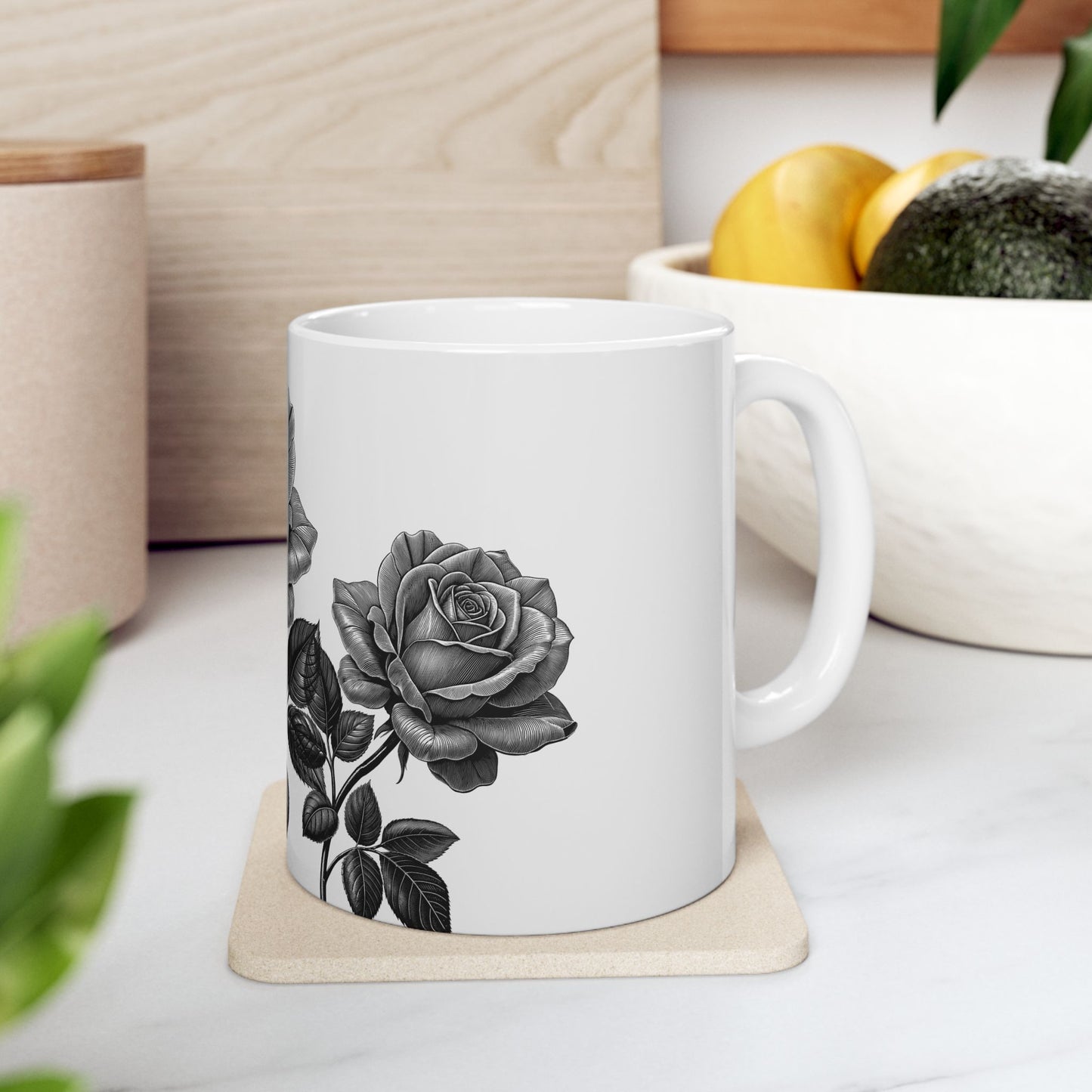 Elegant Floral Ceramic Mug - Black and White Rose Design, Coffee Cup, Gift for Her, Home Decor, Tea Lover's Perfect Mug