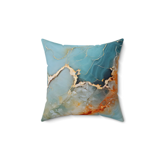 Blue & Gold Marble Decorative Pillow — Turquoise Abstract Square Throw Pillow